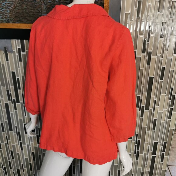 Mosaic USA 100% Linen red Frock Pocket Asymmetrical Neck Top L Lagenlook 0292 - Picture 2 of 5